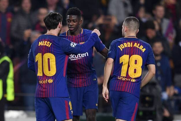 FOOTBALL CHAMPIONS LEAGUE SEASON 2017 2018 EIGHTHFINAL REPUTATION FC Barcelona FC Chelsea London 14 03 2018 Goalkeeping Lionel Messi Ousmane Dembele and Jordi Alba v l all Barca Barcelona