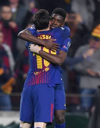 FOOTBALL CHAMPIONS LEAGUE SEASON 2017 2018 EIGHTHFINAL REPUTATION FC Barcelona FC Chelsea London 14 03 2018 Goal celebrations Lionel Messi and Ousmane Dembele v l both Barca Barcelona