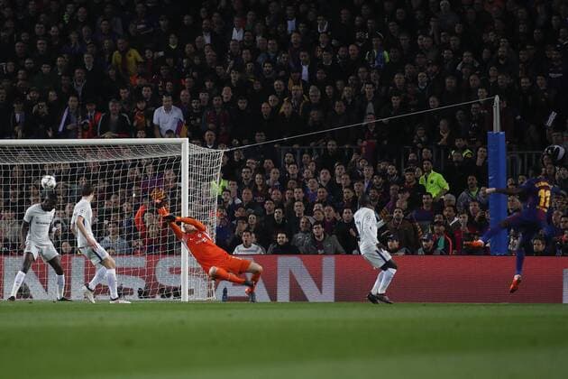 14th March 2018, Camp Nou, Barcelona, Spain; UEFA Champions League football, round of 16, 2nd leg, FC Barcelona Barca versus Chelsea; Ousmane Demb& xe9;l& xe9; of FC Barcelona scores for 2-0  ActionPlus12001565