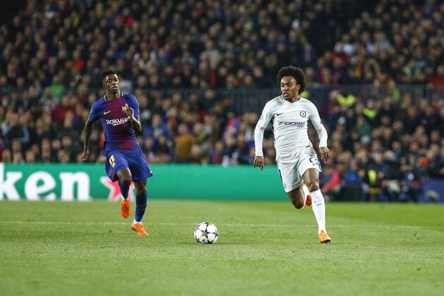Chelsea FC midfielder Willian (22) and FC Barcelona Barca forward Ousmane Dembele (11) during the UEFA Champions League match between FC Barcelona and Chelsea FC at Camp Nou Stadium corresponding of round of 16, second leg on March 14, 2018 in Barcelona, Spain. (Credit: Urbanandsport Cordon Press)  xUrbanandsportx xSPAINx-xFCxBARCELONAx-xCHELSEAxFCx-xCHAMPIONSx-xLEAGUEx