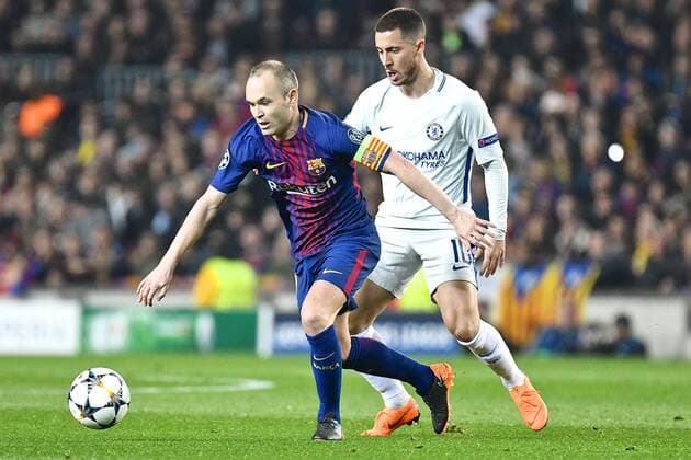 FC Barcelona Barca v Chelsea UEFA Champions League Andres Iniesta of FC Barcelona (left) holds off Eden Hazard of Chelsea during the UEFA Champions League match at Camp Nou, Barcelona Content Not Available For UK Newspapers Copyright: xKristianxKanex FIL-11502-0040