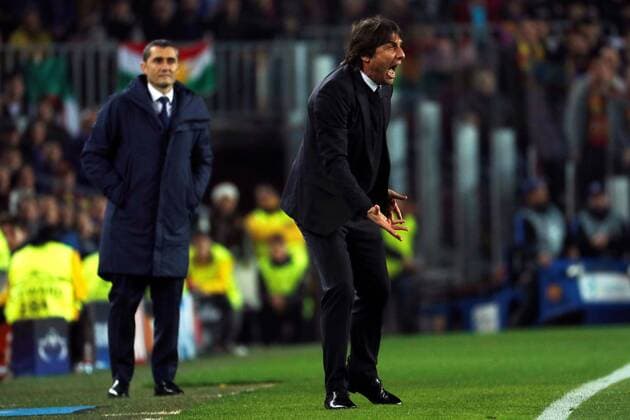FC Barcelona Barca s head coach Ernesto Valverde (L) and Chelsea s Antoni Conte during the UEFA Champions League round of 16 second leg match between FC Barcelona and Chelsea at the Camp Nou stadium in Barcelona, Catalonia, Spain, 14 March 2018. FC Barcelona vs. Chelsea !ACHTUNG: NUR REDAKTIONELLE NUTZUNG!  Copyright: xAlejandroxGarciax BCN013 20180314-636566619335321176