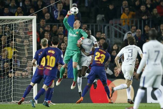 (l-r) Ivan Rakitic of FC Barcelona Barca Lionel Messi of FC Barcelona, goalkeeper Marc-Andre ter Stegen of FC Barcelona, Antonio Rudiger of Chelsea FC, Samuel Umtiti of FC Barcelona during the UEFA Champions League round of 16 match between FC Barcelona and Chelsea FC at the Camp Nou stadium on March 14, 2018 in Barcelona, Spain. UEFA Champions League 2017 2018 xVIxVIxImagesx xMauricexvanxSteenxIVx 10346814