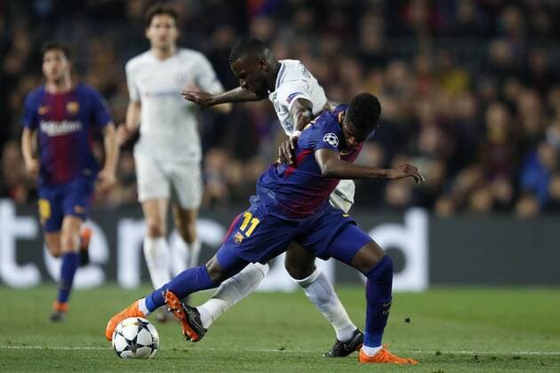 (l-r) Antonio Rudiger of Chelsea FC, Ousmane Dembele of FC Barcelona Barca during the UEFA Champions League round of 16 match between FC Barcelona and Chelsea FC at the Camp Nou stadium on March 14, 2018 in Barcelona, Spain. UEFA Champions League 2017 2018 xVIxVIxImagesx xMauricexvanxSteenxIVx 10346815