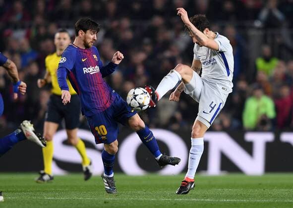 FOOTBALL CHAMPIONS LEAGUE SEASON 2017 2018 EIGHTHFINAL REPUTATION FC Barcelona Chelsea FC London 14 03 2018 Lionel Messi li Barca vs. Cesc Fabregas re FC Chelsea Barcelona
