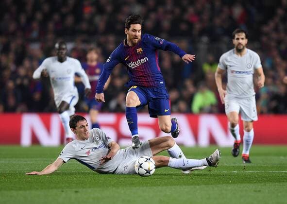 FOOTBALL CHAMPIONS LEAGUE SEASON 2017 2018 EIGHTHFINAL REPUTATION FC Barcelona Chelsea FC London 14 03 2018 Lionel Messi Barca escapes Andreas Christensen re FC Chelsea Barcelona