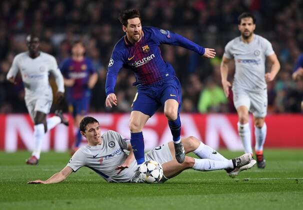 FOOTBALL CHAMPIONS LEAGUE SEASON 2017 2018 EIGHTHFINAL REPUTATION FC Barcelona Chelsea FC London 14 03 2018 Lionel Messi Barca escapes Andreas Christensen re FC Chelsea Barcelona