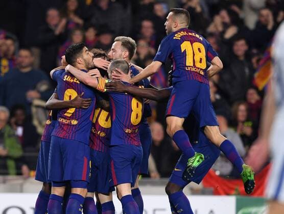 FOOTBALL CHAMPIONS LEAGUE SEASON 2017 2018 EIGHTH FINAL RETREAT FC Barcelona FC Chelsea London 14 03 2018 Barcelona celebrate with Luis Suarez Lionel Messi Andres Iniesta Ivan Rakitic and Jordi Alba v l all Barca Barcelona