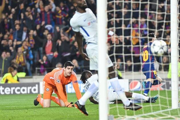 FC Barcelona Barca v Chelsea UEFA Champions League Chelsea goalkeeper Thibaut Courtois looks on as Lionel Messi of FC Barcelona scores their third goal to make it FC Barcelona 3 Chelsea 0 during the UEFA Champions League match at Camp Nou, Barcelona Content Not Available For UK Newspapers Copyright: xKristianxKanex FIL-11502-0056