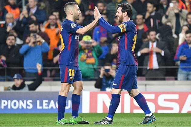 FC Barcelona Barca v Chelsea UEFA Champions League Lionel Messi of FC Barcelona (right) celebrates scoring their third goal with Jordi Alba to make it FC Barcelona 3 Chelsea 0 during the UEFA Champions League match at Camp Nou, Barcelona Content Not Available For UK Newspapers Copyright: xKristianxKanex FIL-11502-0061