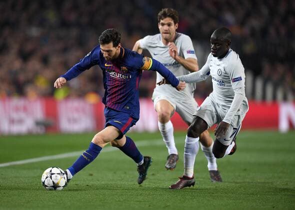 FOOTBALL CHAMPIONS LEAGUE SEASON 2017 2018 EIGHTHFINAL REPUTATION FC Barcelona FC Chelsea London 14 03 2018 Lionel Messi li Barca against N Golo ridge re FC Chelsea Barcelona
