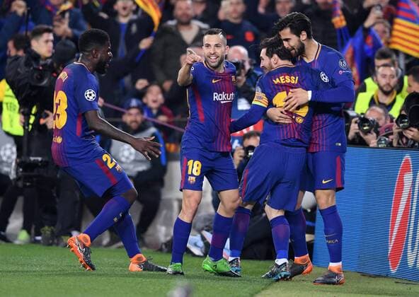 FOOTBALL CHAMPIONS LEAGUE SEASON 2017 2018 EIGHTH FINAL RECEPTION FC Barcelona FC Chelsea London 14 03 2018 Torjubel Samuel Umtiti Jordi Alba Lionel Messi and Andre Gomes v l all Barca Barcelona