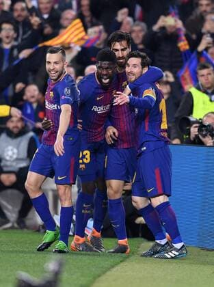 FOOTBALL CHAMPIONS LEAGUE SEASON 2017 2018 EIGHTH FINAL RECEPTION FC Barcelona FC Chelsea London 14 03 2018 Torjubel Jordi Alba Samuel Umtiti Andre Gomes and Lionel Messi v l all Barca Barcelona