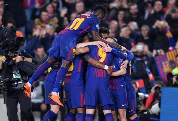 FOOTBALL CHAMPIONS LEAGUE SEASON 2017 2018 EIGHTH-FINAL RETREAT FC Barcelona FC Chelsea London 14 03 2018 Barcelona and Ousmane Dembele are celebrating Barcelona