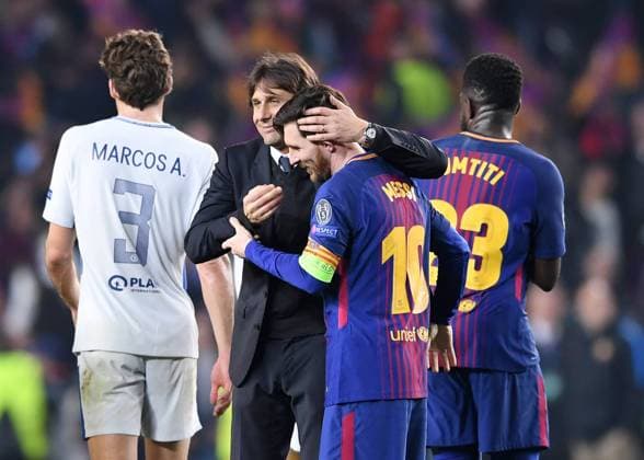FOOTBALL CHAMPIONS LEAGUE SEASON 2017 2018 EIGHTHFINAL REPUTATION FC Barcelona FC Chelsea London 14 03 2018 Coach Antonio Conte Li FC Chelsea hugs Lionel Messi re Barca after the game Barcelona