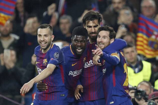(L-R) Jordi Alba of FC Barcelona Barca Samuel Umtiti of FC Barcelona, Andre Gomes of FC Barcelona, Lionel Messi of FC Barcelona during the UEFA Champions League round of 16 match between FC Barcelona and Chelsea FC at the Camp Nou stadium on March 14, 2018 in Barcelona, Spain. UEFA Champions League 2017 2018 xVIxVIxImagesx xMauricexvanxSteenxIVx 10347243