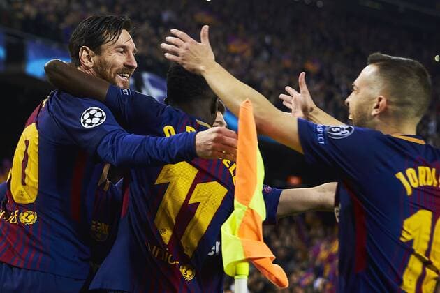14 03 2018 xslx Football Champions League Eighth Final FC Barcelona Chelsea London emspor v Lionel Messi FC Barcelona Cheers for the goal to 1 0 Barcelona