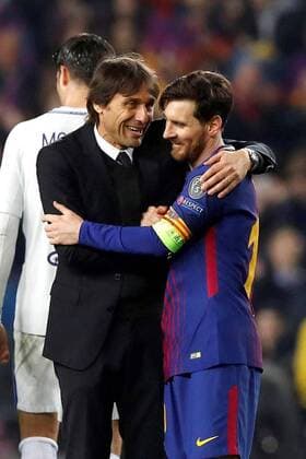 Chelsea s coach Antonio Conte and FC Barcelona Barca s Lionel Messi (R) during the UEFA Champions League round of 16 second leg match between FC Barcelona and Chelsea at the Camp Nou stadium in Barcelona, Catalonia, Spain, 14 March 2018. FC Barcelona vs. Chelsea !ACHTUNG: NUR REDAKTIONELLE NUTZUNG!  Copyright: xAlbertoxEstevezx BCN027 20180314-636566660674153176