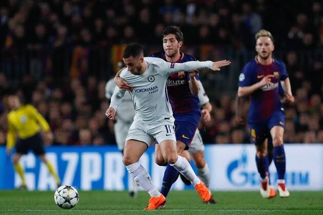 March 14, 2018 - Camp Nou, Barcelona, Spain - UEFA Champions League- FC Barcelona Barca v Chelsea FC; Sergi Roberto of FC Barcelona stops Eden Hazard of Chelsea FC with a fault  xAndresxGarciax xAFP7x xFCxBarcelonaxvxChelsea,xChampionsxLeague,xMarx14thx2018x