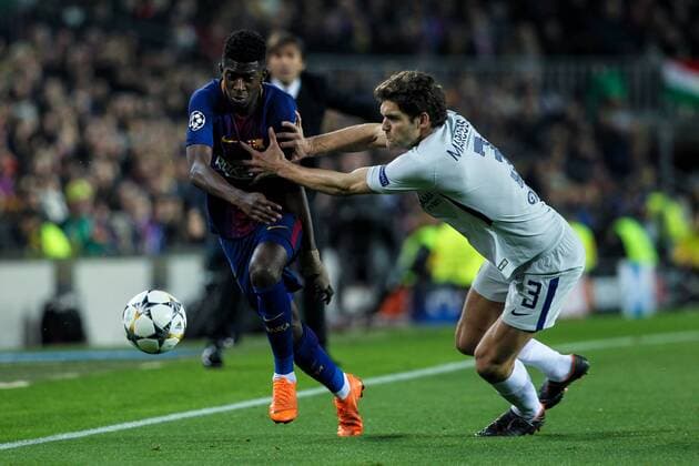 14th March 2018, Camp Nou, Barcelona, Spain; UEFA Champions League football, round of 16, 2nd leg, FC Barcelona Barca versus Chelsea; Ousmane Dembele, 11 of Barcelona in action with Marcos Alonso, Chelsea FC player  ActionPlus12001596