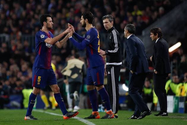 March 14, 2018 - Camp Nou, Barcelona, Spain - UEFA Champions League- FC Barcelona Barca v Chelsea FC; Andre Gomes of FC Barcelona replace Sergio Busquets of FC Barcelona  xAndresxGarciax xAFP7x xFCxBarcelonaxvxChelsea,xChampionsxLeague,xMarx14thx2018x