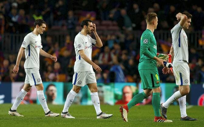 Chelsea s Davide Zappacosta, Marcos Alonso and Andreas Cristensen react after the UEFA Champions League round of 16 second leg match between FC Barcelona Barca and Chelsea at the Camp Nou stadium in Barcelona, Catalonia, Spain, 14 March 2018. FC Barcelona vs. Chelsea !ACHTUNG: NUR REDAKTIONELLE NUTZUNG!  Copyright: xEnricxFontcubertax BCN036 20180314-636566683389937176