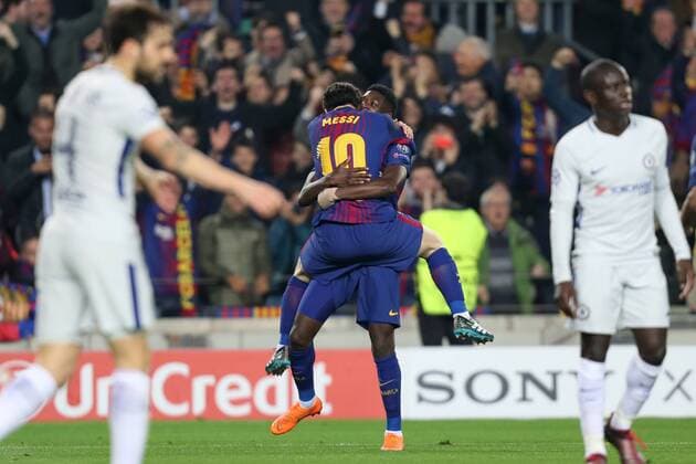 March 14, 2018 - Barcelona, Spain - OUSMANE DEMBELE of FC Barcelona Barca celebrates with LIONEL MESSI after scoring a goal during the UEFA Champions League, round of 16, 2nd leg football match between FC Barcelona and Chelsea FC on March 14, 2018 at Camp Nou stadium in Barcelona, Spain Football - UEFA Champions League - FC Barcelona vs Chelsea FC  - ZUMAb169 20180314_zaa_b169_008 Copyright: xManuelxBlondeau Aop.Pressx
