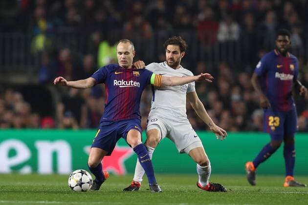March 14, 2018 - Barcelona, Spain - ANDRES INIESTA of FC Barcelona Barca duels for the ball with CESC FABREGAS of Chelsea FC during the UEFA Champions League, round of 16, 2nd leg football match between FC Barcelona and Chelsea FC on March 14, 2018 at Camp Nou stadium in Barcelona, Spain Football - UEFA Champions League - FC Barcelona vs Chelsea FC  - ZUMAb169 20180314_zaa_b169_023 Copyright: xManuelxBlondeau Aop.Pressx