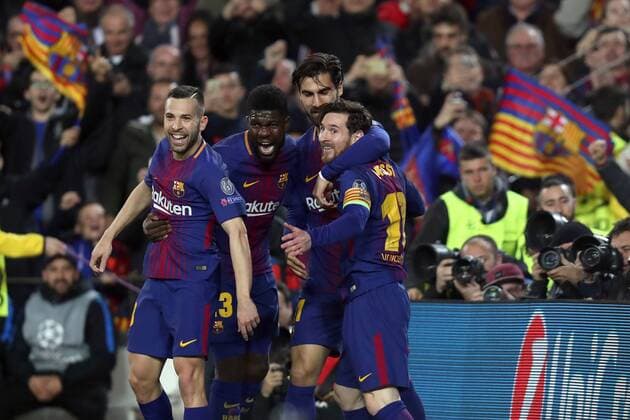 March 14, 2018 - Barcelona, Spain - LIONEL MESSI of FC Barcelona Barca celebrates with his teammates after scoring his side s third goal during the UEFA Champions League, round of 16, 2nd leg football match between FC Barcelona and Chelsea FC on March 14, 2018 at Camp Nou stadium in Barcelona, Spain Football - UEFA Champions League - FC Barcelona vs Chelsea FC  - ZUMAb169 20180314_zaa_b169_027 Copyright: xManuelxBlondeau Aop.Pressx