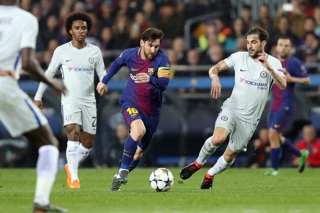 March 14, 2018 - Barcelona, Spain - LIONEL MESSI of FC Barcelona Barca evades CESC FABREGAS of Chelsea FC during the UEFA Champions League, round of 16, 2nd leg football match between FC Barcelona and Chelsea FC on March 14, 2018 at Camp Nou stadium in Barcelona, Spain Football - UEFA Champions League - FC Barcelona vs Chelsea FC  - ZUMAb169 20180314_zaa_b169_030 Copyright: xManuelxBlondeau Aop.Pressx