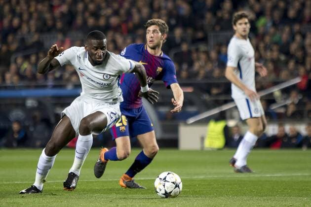 March 14, 2018 - Barcelona, Catalonia, Spain - Antonio Rudiger vies with Sergi Roberto during the UEFA Champions League match between FC Barcelona Barca and Chelsea FC at the Camp Nou Stadium in Barcelona, Catalonia, Spain on March 14,2018 FC Barcelona v Chelsea FC - UEFA Champions League Round of 16: Second Leg  - ZUMAn230 20180314_zaa_n230_495 Copyright: xMiquelxLlopx