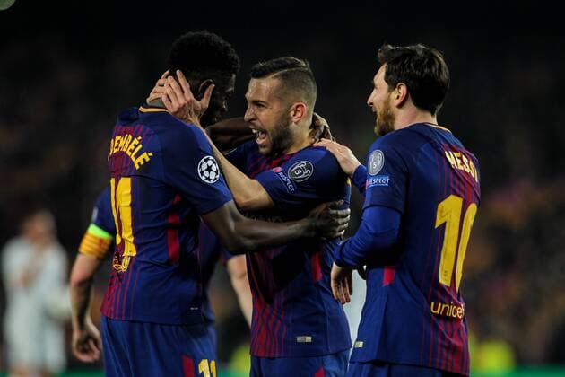 Spain: UEFA Champions League FC Barcelona Barca v Chelse 14th March 2018; Ousmane Dembele, 11 player of FC Barcelona celebrates his goal with other players during the 2017 2018 UEFA Champions League Round of 16 game between FC Barcelona and Chelsea at Camp Nou stadium on March 14, 2018 in Barcelona, Spain. EDITORIAL USE ONLY. Barcelona Catalonia Spain Camp Nou  UkkoxImagesx xPacificxPress