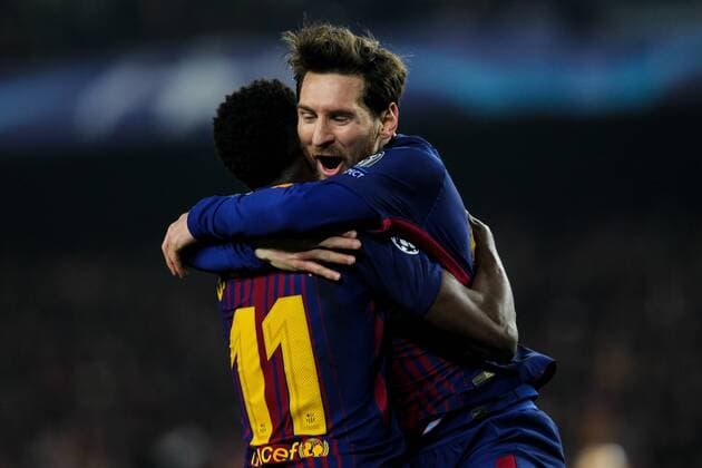 Spain: UEFA Champions League FC Barcelona Barca v Chelse 14th March 2018; Ousmane Dembele, 11 player of FC Barcelona celebrates his goal with Lionel Messi, 10 player of FC Barcelona during the 2017 2018 UEFA Champions League Round of 16 game between FC Barcelona and Chelsea at Camp Nou stadium on March 14, 2018 in Barcelona, Spain. EDITORIAL USE ONLY. Barcelona Catalonia Spain Camp Nou  UkkoxImagesx xPacificxPress