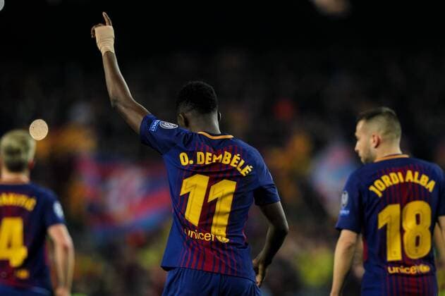 Spain: UEFA Champions League FC Barcelona Barca v Chelse 14th March 2018; Ousmane Dembele, 11 player of FC Barcelona celebrates his goal during the 2017 2018 UEFA Champions League Round of 16 game between FC Barcelona and Chelsea at Camp Nou stadium on March 14, 2018 in Barcelona, Spain. EDITORIAL USE ONLY. Barcelona Catalonia Spain Camp Nou  UkkoxImagesx xPacificxPress