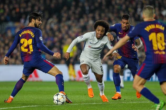 Spain: UEFA Champions League FC Barcelona Barca v Chelse 14th March 2018; Willian, Chelsea FC player in action with Paulinho, 15 player of FC Barcelona and Andre Gomes, 21 player of FC Barcelona during the 2017 2018 UEFA Champions League Round of 16 game between FC Barcelona and Chelsea at Camp Nou stadium on March 14, 2018 in Barcelona, Spain. EDITORIAL USE ONLY. Barcelona Catalonia Spain Camp Nou  UkkoxImagesx xPacificxPress