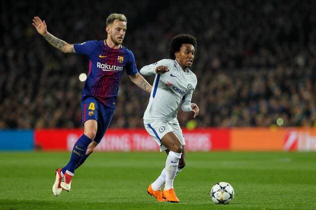 Spain: UEFA Champions League FC Barcelona Barca v Chelse 14th March 2018; William, Chelsea FC player in action with Rakitic, 4 player of FC Barcelona during the 2017 2018 UEFA Champions League Round of 16 game between FC Barcelona and Chelsea at Camp Nou stadium on March 14, 2018 in Barcelona, Spain. EDITORIAL USE ONLY. Barcelona Catalonia Spain Camp Nou  UkkoxImagesx xPacificxPress