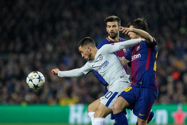 14th March 2018, Camp Nou, Barcelona, Spain; UEFA Champions League football, round of 16, 2nd leg, FC Barcelona Barca versus Chelsea; Eden Hazard, Chelsea FC in action with Sergi Roberto of FC Barcelona  ActionPlus12001650