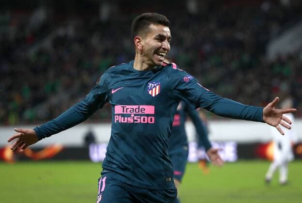 MOSCOW, RUSSIA - MARCH 15, 2018: Atletico Madrid s Angel Correa celebrates scoring in the 2017-2018 UEFA Europa League Round of 16 second leg football match against Lokomotiv Moscow at RZD Arena (Lokomotiv Stadium). Valery Sharifulin TASS  TS077E09