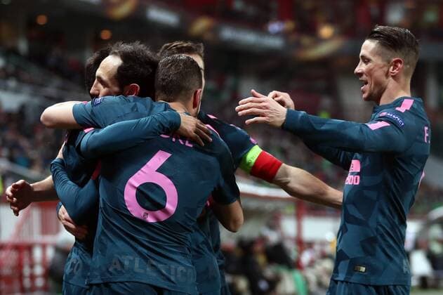 MOSCOW, RUSSIA - MARCH 15, 2018: Atletico Madrid s players celebrate scoring in the 2017-2018 UEFA Europa League Round of 16 second leg football match against Lokomotiv Moscow at RZD Arena (Lokomotiv Stadium). Mikhail Tereshchenko TASS  TS077E0E