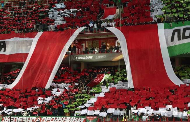 MOSCOW, RUSSIA - MARCH 15, 2018: Lokomotiv Moscow s fans root for their team in the 2017-2018 UEFA Europa League Round of 16 second leg football match against Atletico Madrid at RZD Arena (Lokomotiv Stadium). Valery Sharifulin TASS  TS077E1C