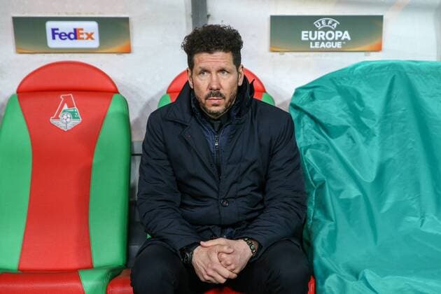 MOSCOW, RUSSIA - MARCH 15, 2018: Atletico Madrid s manager Diego Simeone in the 2017-2018 UEFA Europa League Round of 16 second leg football match against Lokomotiv Moscow at RZD Arena (Lokomotiv Stadium). Mikhail Tereshchenko TASS  TS077E1E