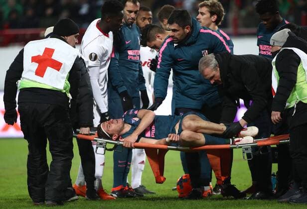 MOSCOW, RUSSIA - MARCH 15, 2018: Atletico Madrid s Felipe Luis injured in the 2017-2018 UEFA Europa League Round of 16 second leg football match against Lokomotiv Moscow at RZD Arena (Lokomotiv Stadium). Valery Sharifulin TASS  TS077E2E