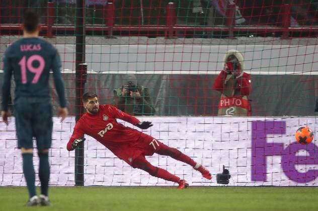 MOSCOW, RUSSIA - MARCH 15, 2018: Lokomotiv Moscow s goalkeeper Anton Kochenkov concedes a goal in the 2017-2018 UEFA Europa League Round of 16 second leg football match against Atletico Madrid at RZD Arena (Lokomotiv Stadium). Valery Sharifulin TASS  TS077E30