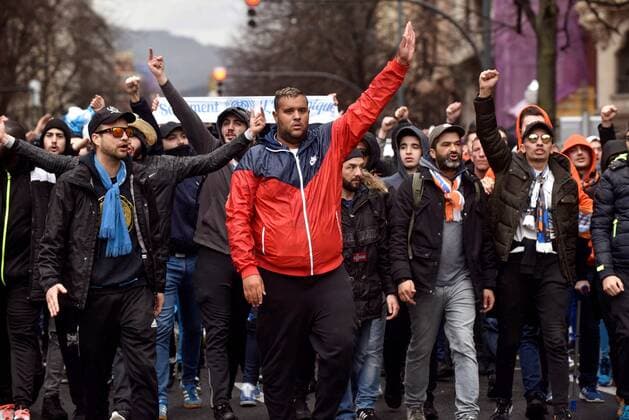 Olympique Marseille supporters clash with regional police members at San Mames stadium in Bilbao, Basque Country, northern Spain, 15 March 2018, hours before the UEFA Europa League round of 16 second soccer leg match between Athletic Bilbao and Olympique Marseille. Athletic Bilbao vs Olympique Marseille !ACHTUNG: NUR REDAKTIONELLE NUTZUNG!  Copyright: xMiguelxTonax GRAF3005 20180315-636567382969432672