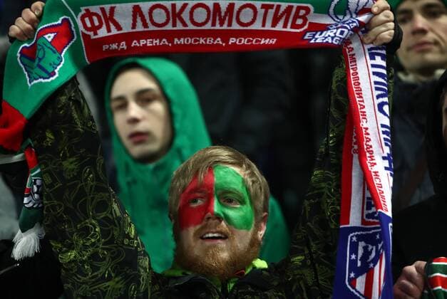 MOSCOW, RUSSIA - MARCH 15, 2018: Lokomotiv Moscow s fans root for their team in the 2017-2018 UEFA Europa League Round of 16 second leg football match against Atletico Madrid at RZD Arena (Lokomotiv Stadium). Valery Sharifulin TASS  TS077E3E