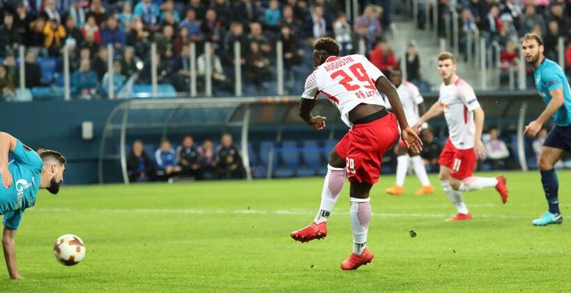 St Petersburg RB Leipzig Soccer Euro League St Petersburg 15 03 2018 Krestowski Stadium Soccer UEFA Euro League Round of 16 Relegation FK Zenit St Petersburg vs. RB Leipzig Pictured goal for Leipzig Jean Kevin Augustin 29 RB Leipzig is moving away and strikes 0 1