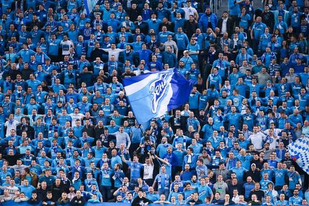 ST PETERSBURG, RUSSIA - MARCH 15, 2018: Zenit St Petersburg s fans root for their team in the 2017-2018 UEFA Europa League Round of 16 second leg football match against RB Leipzig at Saint Petersburg Stadium. Peter Kovalev TASS  TS077E44