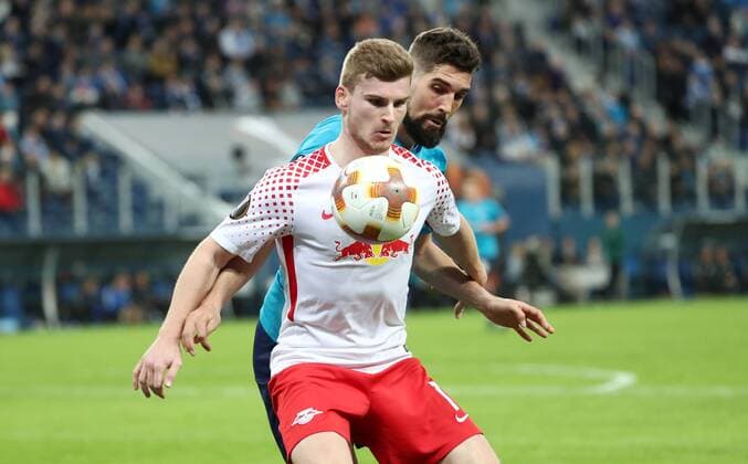 St Petersburg RB Leipzig Soccer Euro League St Petersburg 15 03 2018 Krestowski Stadium Soccer UEFA Euro League Round of 16 Relegation FK Zenit St Petersburg vs. RB Leipzig Timo Werner 11 RB Leipzig ahead of MihaÊMevlja 23 Zenit