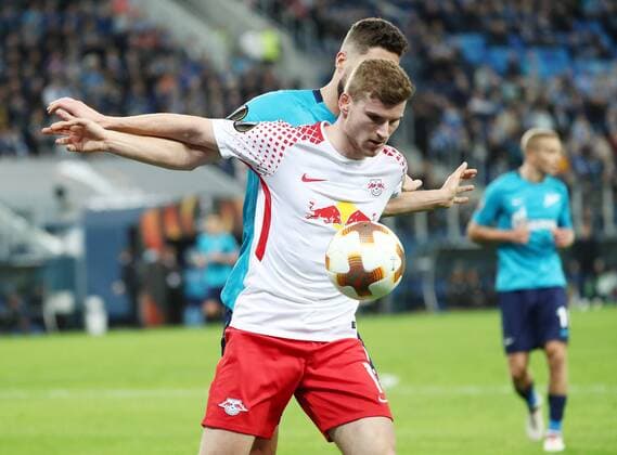 St Petersburg RB Leipzig Soccer Euro League St Petersburg 15 03 2018 Krestowski Stadium Soccer UEFA Euro League Round of 16 Relegation FK Zenit St Petersburg vs. RB Leipzig Timo Werner 11 RB Leipzig ahead of MihaÊMevlja 23 Zenit