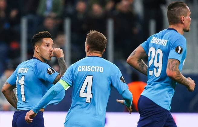 ST PETERSBURG, RUSSIA - MARCH 15, 2018: Zenit St Petersburg s Sebastian Driussi, Domenico Criscito and Anton Zabolotny (L-R) in the 2017-2018 UEFA Europa League Round of 16 second leg football match against RB Leipzig at Saint Petersburg Stadium. Peter Kovalev TASS  TS077E66